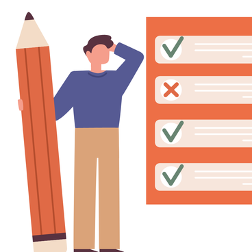 Graphic of a person looking a checklist, holding a pencil